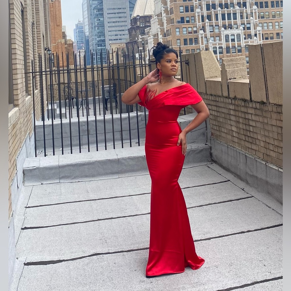 Elegant Red Off-Shoulder Evening Gown